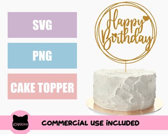 ハッピーバースデーケーキトッパー、シングルレイヤーカットファイル（SVG PNG）