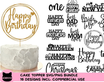 ケーキトッパー SVG PNG バンドル、誕生日、ハロウィン、新年（デジタルダウンロード）