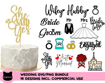ウェディングSVG＆PNGバンドル、花嫁、花婿、ケーキトッパーのデザイン