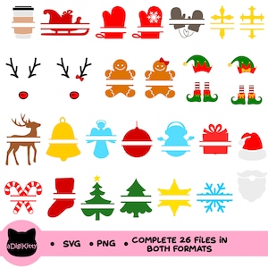 May include: A set of 26 Christmas-themed SVG and PNG files for crafting and design. The images include a variety of festive elements, such as reindeer, baubles, gingerbread people, and Santa hats.