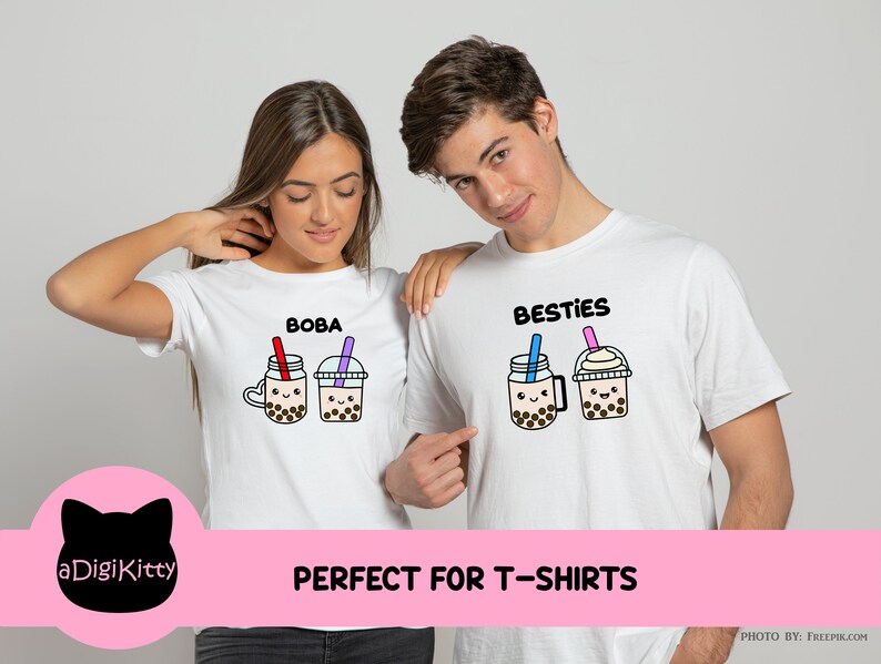 May include: Two white t-shirts with a boba tea design. One shirt says "Boba" and the other says "Besties".