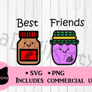 May include: Best Friends SVG and PNG digital download featuring a cartoon peanut butter jar and a cartoon grape jelly jar. The jars have smiling faces and are labelled "Best" and "Friends".