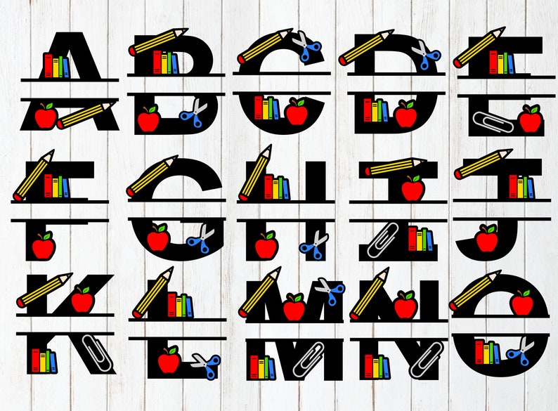 May include: A set of 26 alphabet letters with a split design, each letter has a shelf with school-themed items like pencils, books, scissors, and apples. The letters are black and the school items are in various colors.