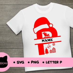 May include: Red Christmas letter P with a Santa hat, a sleigh, a Christmas tree, ornaments, and a banner that says "NAME".