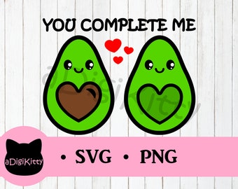 かわいいアボカドバレンタインSVG、ラブハートPNG（デジタルダウンロード）