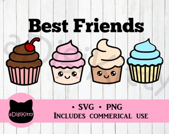 Pode incluir: Quatro cupcakes de desenho animado com rostos felizes. Os cupcakes são de chocolate, rosa, bege e azul. O texto "Best Friends" está acima dos cupcakes.
