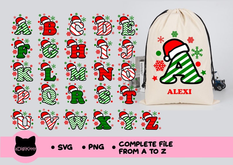 Christmas alphabet SVG Monogram SVG PNG A-Z Letters Alphabet Cricut, Silhouette, Sublimation, Cameo, cut files, personalize Christmas gifts image 1