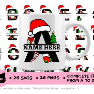 May include: A set of 26 SVG and PNG files featuring a Christmas-themed monogram design. Each file includes a letter of the alphabet with a Santa hat, a Christmas tree, a candy cane, and a stocking. The design is perfect for creating personalized gifts, home decor, and more.