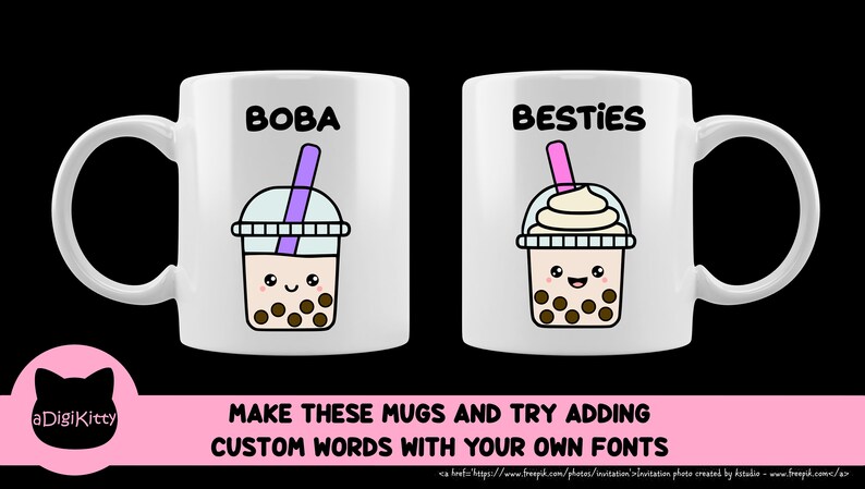 May include: Two white ceramic mugs with black handles. The mug on the left has the word "BOBA" printed in black and a cartoon boba tea with a purple straw. The mug on the right has the word "BESTIES" printed in black and a cartoon boba tea with a pink straw and a white whipped cream topping.