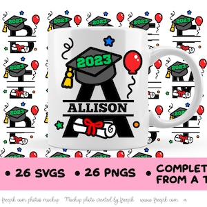 May include: A white coffee mug with a black letter A, a graduation cap with the year 2023, a diploma, and a red balloon. The name Allison is written below the letter A. The mug is surrounded by a pattern of graduation caps, diplomas, and balloons.
