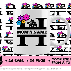 May include: White ceramic mug with a black letter "H" design, a bear silhouette, and the word "Mama". The mug also features colorful flowers and the text "MOM'S NAME". Surrounding the mug are various letter designs with floral and bear accents.