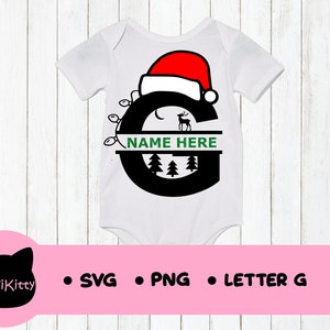 May include: White baby onesie with a black letter G, a red Santa hat, a green Christmas tree, and a reindeer. The text "NAME HERE" is written in green on a white banner.