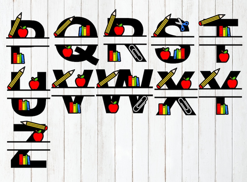 May include: Black split monogram letters with a school theme. Each letter has a pencil, apple, and books. The letters are P, Q, R, S, T, U, V, W, X, Y, and Z.