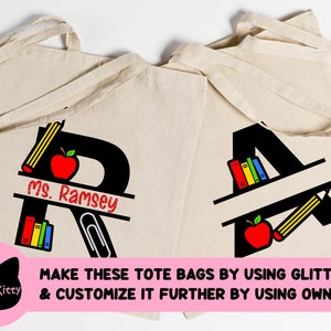 May include: Two white tote bags with black letters and school-themed designs. The first bag has the letter "R" with a pencil, apple, and books. The second bag has the letter "A" with a pencil, apple, and books. The text "Ms. Ramsey" is on the first bag.