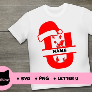 May include: Red Christmas letter U with a Santa hat, a gingerbread man, a star, a sleigh, a Christmas tree, and a reindeer. The letter U has a split in the middle with the word "NAME" in black text.