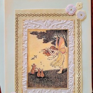 Carte vierge, Carte pour toutes les occasions, Carte d'anniversaire, Carte faite main, Carte de fée vintage, Broderie machine, Papier gaufré, Fleurs découpées