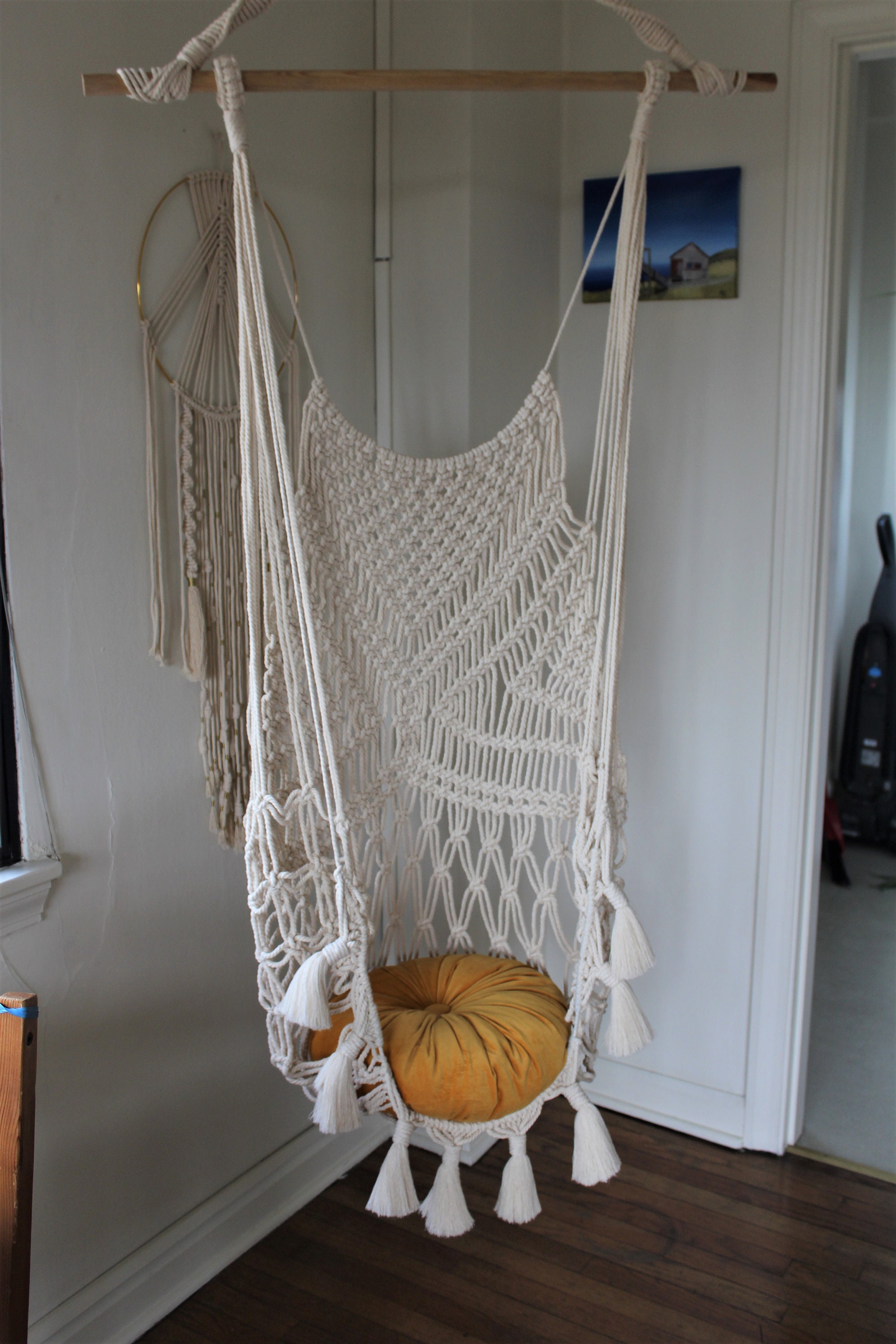 Adult Boho Macrame Hanging Swing Chair With Orange Velvet Etsy