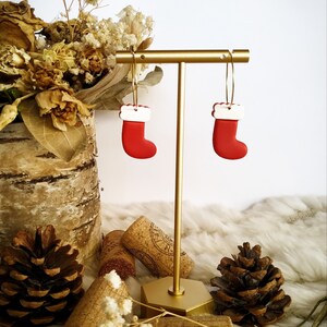 Stocking earrings in Red color with White details - Lightweight Polymer clay dangle earrings