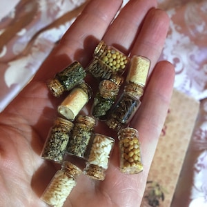 May include: A hand holding a collection of small glass jars filled with various spices and grains, including mustard seeds, rice, and dried herbs.