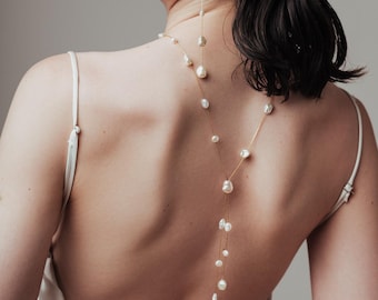 Athena Back Necklace, Keshi Pearl Bridal Back Necklace, Open Back Wedding Necklace, Serpentine Chain Pearl Bride Jewelry Modern Bride