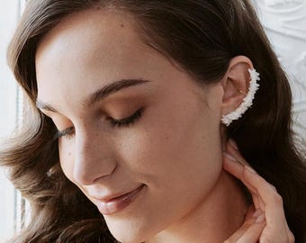 Modern Floral Ear Cuff – Dainty Fabric Flower Earring | No Piercing | Handmade Bridal Cuff | Lightweight & Whimsical Jewelry