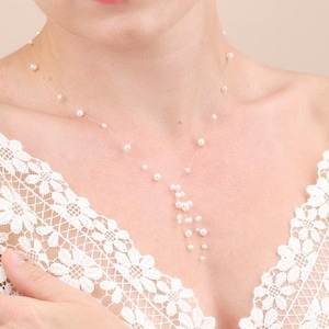 Floating pearl illusion Necklace - Pearl necklace on nylon thread - Freshwater pearl necklace invisible thread - 2024 bridal necklace trend