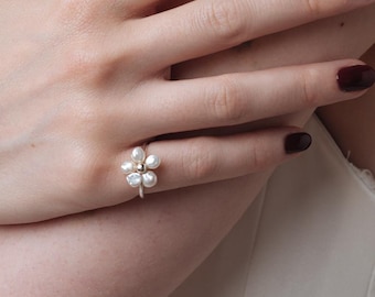 Freshwater Pearl Flower Ring, Keshi Pearl Ring, Cherry Blossom Jewelry, Handmade Swiss Ring, Couture Pearl Jewelry, Genuine Pearl Gift