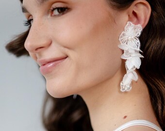 White Flower Bridal Earrings | Elegant Long Statement Earrings | Lightweight Wedding Jewelry for Romantic Modern Brides