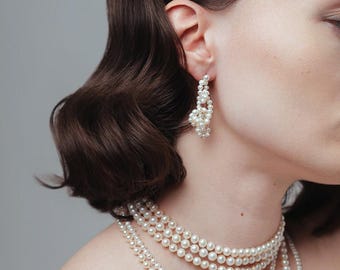 Pendant Cluster Pearl Earrings - Bold intertwined pearl cluster earrings - Handmade modern Pearl earrings - Unique pearl statement earrings