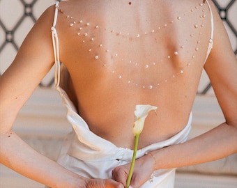 Back Necklace with Floating Pearls Bridal 3 rows, Floating pearl back necklace, back necklace fastened to the dress, back necklace bridal