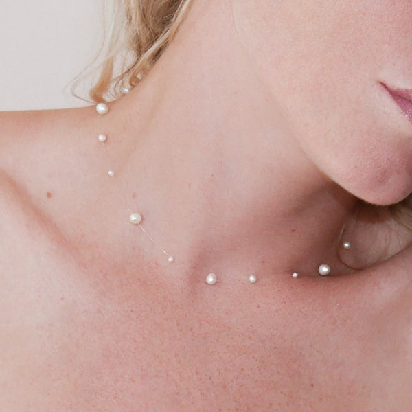 Floating Perlen Illusion Choker - Perlenkette auf einem Nylonfaden - Süßwasserperlenkette unsichtbarer Faden - 2024 Braut Halskette Trend