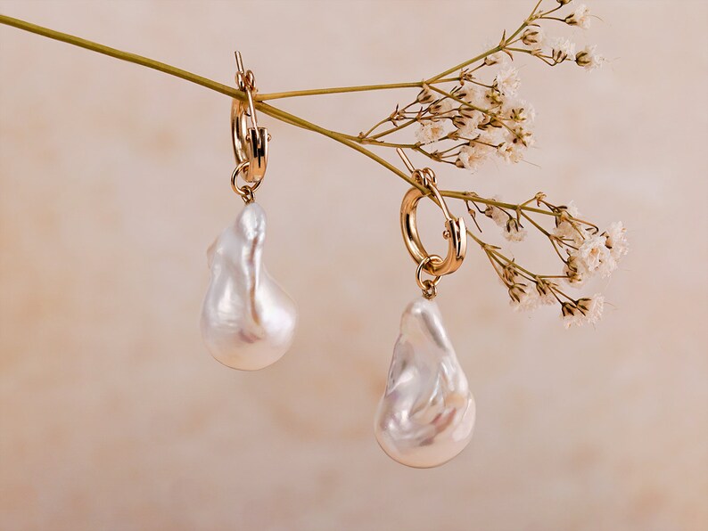 Baroque Pearl Earrings Large Keshi Hoops Chunky Fresh Water earrings Irregular Statement earrings Birthday Gift for Mom image 4