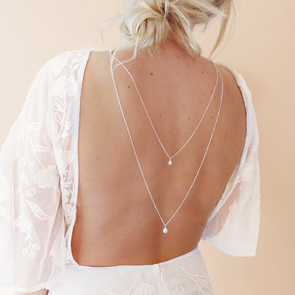 2 Chains bridal back necklace with teardrop pearls - Dainty Back Necklace Wedding Dress - Bridal Backdrop - Back chain for wedding dress