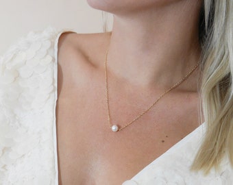 One pearl solitaire necklace - Classic pearl jewelry women - Elegant round pearl necklace on 14k gold chain - Swiss freshwater pearl jewelry