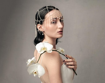 Pearl Hair Jewel Goddess Hair Accessory, Bridal Pearl Hair Piece, Freshwater Pearl Hair net, Statement Wedding Hair Jewelry