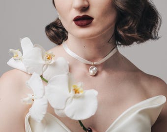 Modern Silk Choker with Baroque Pearl & CZ Diamond Pavé – Flame Ball Freshwater Pearl Necklace - Silk choker necklace - Baroque pearl choker