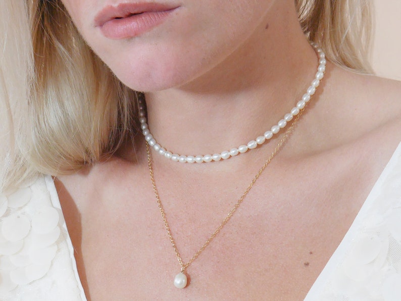 6mm freshwater pearl layering choker Adjustable length natural pearl choker Double pearl Necklace White Pearls choker image 1