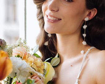 Dainty Long Fabric Flower Bridal Earrings – Lightweight Wedding Jewelry | Handmade Floral Drop Earrings for Modern Romantic Brides