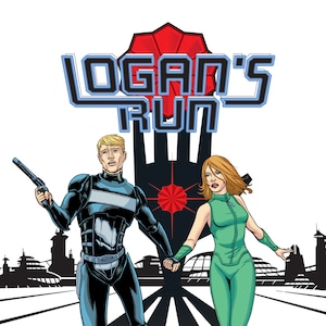 Puede incluir: Una ilustración en blanco y negro de la portada de un libro para colorear con dos personajes con atuendos futuristas. El título del libro es "Logan's Run" y el texto "Adult Coloring Book" está en la parte inferior de la portada.
