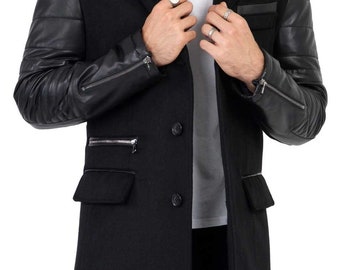 Mens Tweed Cashmere Wool Overcoat With Real Leather Sleeves Black - B213