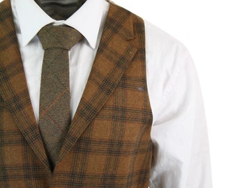 Mens Waistcoat Wool Tan Brown Check Tweed Classic Vintage Tailored Fit