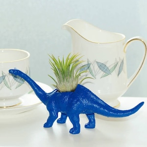 May include: A blue dinosaur planter with a small air plant growing inside. The planter is sitting on a white surface next to a white teacup and creamer.