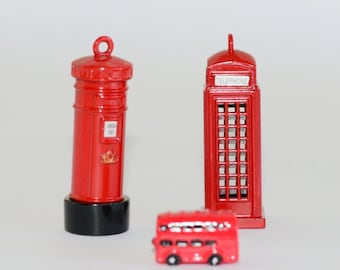 Mini London Figurine Set: Red Bus, Telephone Booth, Post Box