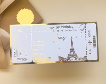 Paris surprise reveal, Foil boarding pass, Golden Ticket, Surprise Weekend, Travel Ticket, Vacation Gift, Personalised Ticket, anniversary