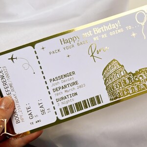 Révélation surprise des vacances à Rome, carte d'embarquement en aluminium, billet d'or, week-end surprise, billet de voyage, cadeau de voyage d'anniversaire, billet personnalisé