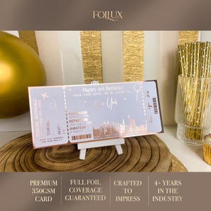 Révélation surprise des fêtes de New York, carte d'embarquement en aluminium, billet d'or, week-end surprise, billet de voyage, cadeau de voyage d'anniversaire, personnalisé