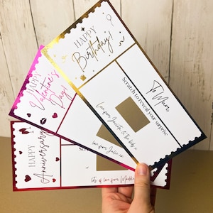 Billet à gratter pour révéler, bon cadeau, billet de concert surprise, carte à gratter, coupon vacances, ticket tatouage, ticket or événement