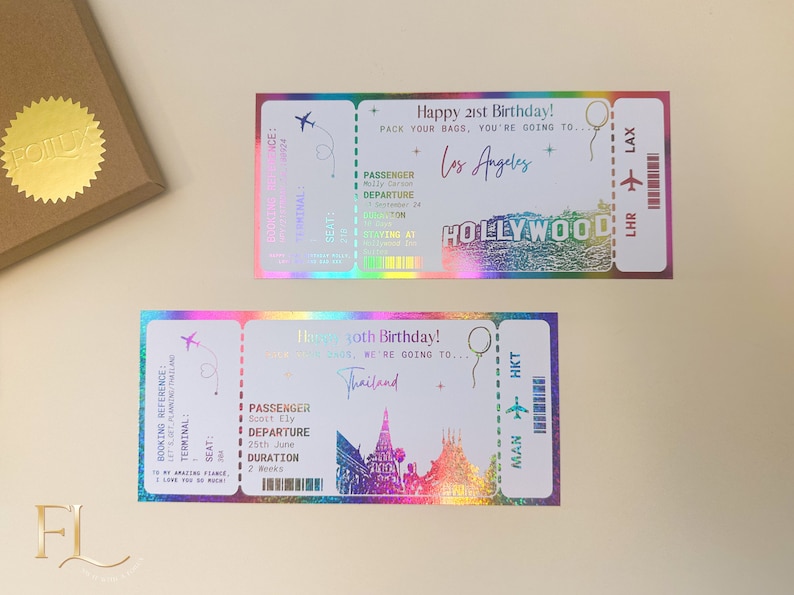 Any holiday surprise reveal foil boarding pass, Golden Ticket, Surprise Weekend, Travel Ticket, Special Event Trip Gift, Personalised Ticket image 5