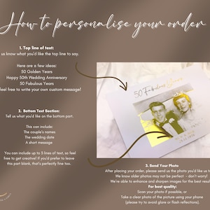May include: A personalized anniversary card with a photo of a couple, featuring the text "50 Fabulous Years." Instructions on how to personalize the order are included, with options for text and photo submission.