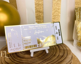 Amsterdam holiday surprise reveal, Foil fake boarding pass, Golden Ticket, Surprise Weekend, Travel Ticket, Birthday Trip Gift, Personalised